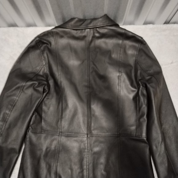 VTG C&A Jacket Women 14 Black Nappa Leather Trench Coat Long Leg Slit Steampunk - Picture 10 of 16